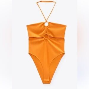 Zara medium orange cutout bodysuit adjustable halter strap snap open festival